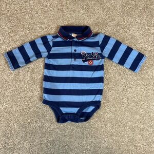 Carters Baby Boy 6 Months Blue Striped Polo Long Sleeve Onesie Little Rookie‎